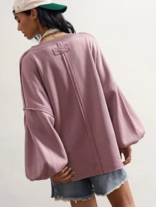 Bohemela Solid V-Neck Split Hem Drop Shoulder Oversize Sweatshirt - Purple - View 7