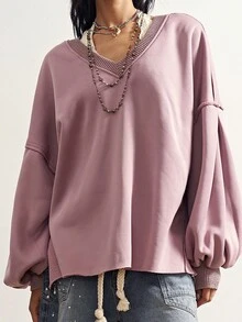 Bohemela Solid V-Neck Split Hem Drop Shoulder Oversize Sweatshirt - Purple - View 3