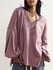 Bohemela Solid V-Neck Split Hem Drop Shoulder Oversize Sweatshirt - Purple - View 1