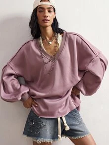 Bohemela Solid V-Neck Split Hem Drop Shoulder Oversize Sweatshirt - Purple - View 5