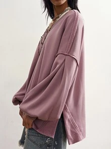 Bohemela Solid V-Neck Split Hem Drop Shoulder Oversize Sweatshirt - Purple - View 2