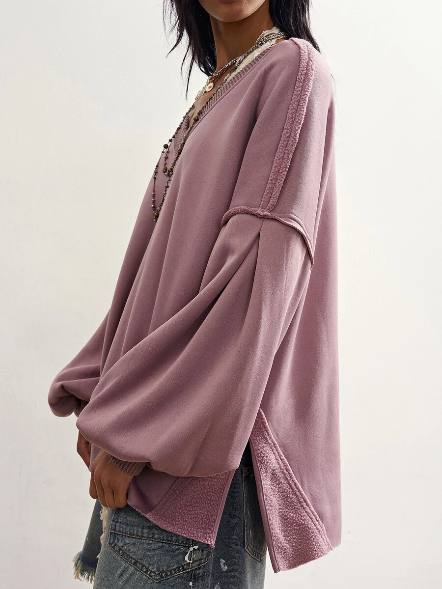 Bohemela Solid V-Neck Split Hem Drop Shoulder Oversize Sweatshirt - Purple - View 1