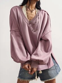 Bohemela Solid V-Neck Split Hem Drop Shoulder Oversize Sweatshirt - Purple - View 6