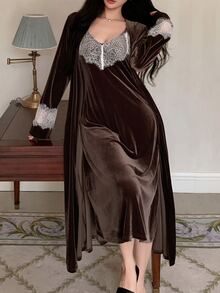 DAZY Women's Contrast Lace Long Sleeve Robe And Camisole Nightgown Elegant Sleepwear Set - Khaki - View 9