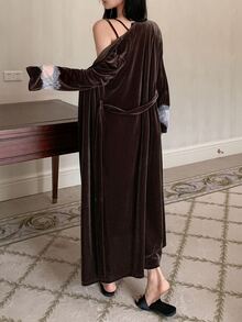 DAZY Women's Contrast Lace Long Sleeve Robe And Camisole Nightgown Elegant Sleepwear Set - Khaki - View 2