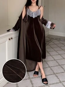 DAZY Women's Contrast Lace Long Sleeve Robe And Camisole Nightgown Elegant Sleepwear Set - Khaki - View 4