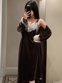 DAZY Women's Contrast Lace Long Sleeve Robe And Camisole Nightgown Elegant Sleepwear Set - Khaki - View 7
