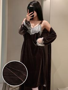 DAZY Women's Contrast Lace Long Sleeve Robe And Camisole Nightgown Elegant Sleepwear Set - Khaki - View 1