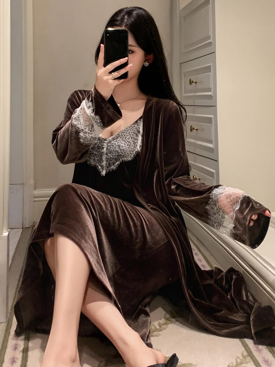 DAZY Women's Contrast Lace Long Sleeve Robe And Camisole Nightgown Elegant Sleepwear Set - Khaki - View 1