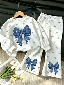 Bow Pattern Sweatshirt & Pants Set, Suitable For Little Girls Autumn Winter Wear, Comfortable Minimalist Casual Daily Style - Multicolor - View 3