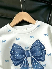 Bow Pattern Sweatshirt & Pants Set, Suitable For Little Girls Autumn Winter Wear, Comfortable Minimalist Casual Daily Style - Multicolor - View 6