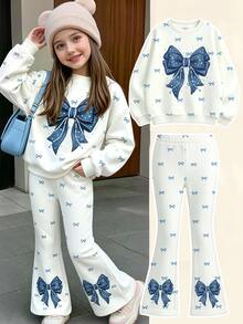 Bow Pattern Sweatshirt & Pants Set, Suitable For Little Girls Autumn Winter Wear, Comfortable Minimalist Casual Daily Style - Multicolor - View 1