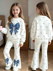 Bow Pattern Sweatshirt & Pants Set, Suitable For Little Girls Autumn Winter Wear, Comfortable Minimalist Casual Daily Style - Multicolor - View 5