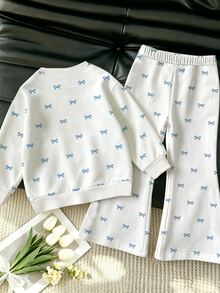 Bow Pattern Sweatshirt & Pants Set, Suitable For Little Girls Autumn Winter Wear, Comfortable Minimalist Casual Daily Style - Multicolor - View 2