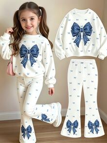 Bow Pattern Sweatshirt & Pants Set, Suitable For Little Girls Autumn Winter Wear, Comfortable Minimalist Casual Daily Style - Multicolor - View 4