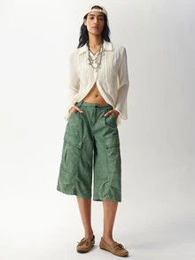 Bohemela Celana Capri Wanita Kasual Model Lebar dengan Kantong Kargo - Hijau - View 6