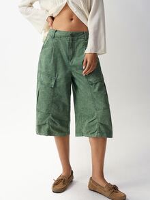 Bohemela Celana Capri Wanita Kasual Model Lebar dengan Kantong Kargo - Hijau - View 7
