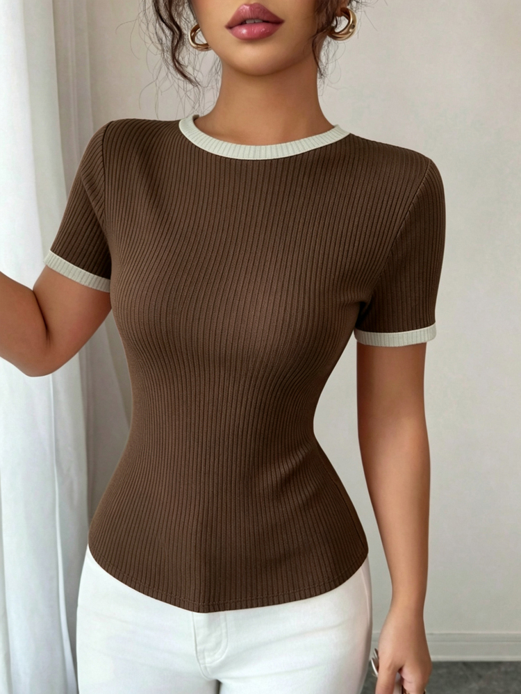 Elenzga Women's Contrast Color Round Neck Short Sleeve Casual Ribbed T-Shirt - Brown - View 2