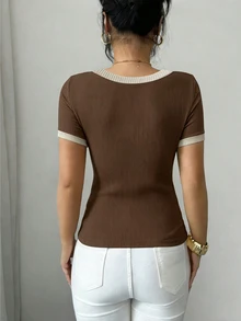 Elenzga Women's Contrast Color Round Neck Short Sleeve Casual Ribbed T-Shirt - Brown - View 4