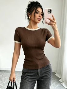 Elenzga Women's Contrast Color Round Neck Short Sleeve Casual Ribbed T-Shirt - Brown - View 3