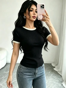 Elenzga Women's Summer Daily Commute Contrast Trim Round Neck Ribbed Short Sleeve T-Shirt - Black - View 1