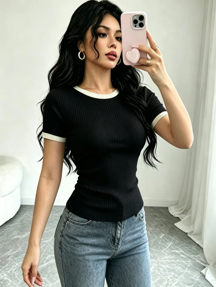 Elenzga Women's Summer Daily Commute Contrast Trim Round Neck Ribbed Short Sleeve T-Shirt - Black - View 1