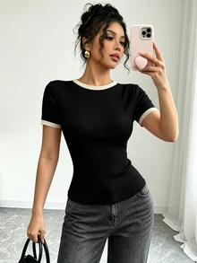 Elenzga Women's Summer Daily Commute Contrast Trim Round Neck Ribbed Short Sleeve T-Shirt - Black - View 2