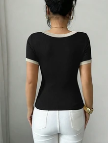 Elenzga Women's Summer Daily Commute Contrast Trim Round Neck Ribbed Short Sleeve T-Shirt - Black - View 5