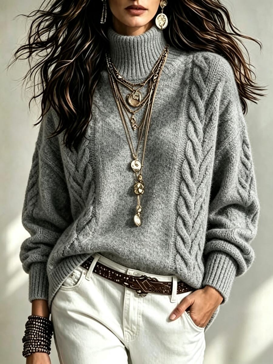 SHEIN Autumn Winter Vintage Elegant French Casual Chunky Cable Knit Turtleneck Sweater Loose Lazy Comfortable Pullover Top Brunch Grey Everyday Travel