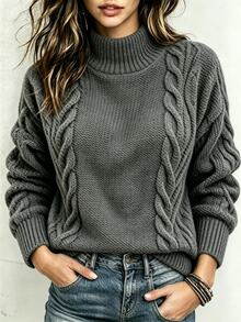 SHEIN Autumn Winter Vintage Elegant French Casual Chunky Cable Knit Turtleneck Sweater Loose Lazy Comfortable Pullover Top Brunch Grey Everyday Travel - Dark Grey - View 5