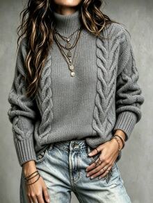 SHEIN Autumn Winter Vintage Elegant French Casual Chunky Cable Knit Turtleneck Sweater Loose Lazy Comfortable Pullover Top Brunch Grey Everyday Travel - Dark Grey - View 3