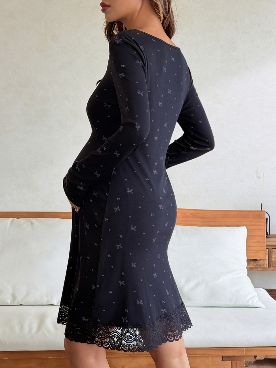 Bowknot Ditsy Floral Contrast Lace Trim Long Sleeve Big Scoop Neck Casual Vacation Korean Style Home Daily Spring Autumn Maternity Dress