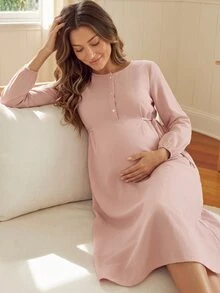 GentleRue Maternity فستان حوامل وردي متوسط الطول، أنيق ومريح، 100% قطن - وردي - مشاهدة 2