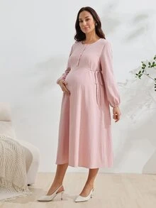 GentleRue Maternity فستان حوامل وردي متوسط الطول، أنيق ومريح، 100% قطن - وردي - مشاهدة 8