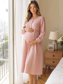 GentleRue Maternity فستان حوامل وردي متوسط الطول، أنيق ومريح، 100% قطن - وردي - مشاهدة 3