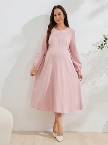 GentleRue Maternity فستان حوامل وردي متوسط الطول، أنيق ومريح، 100% قطن - وردي - مشاهدة 7
