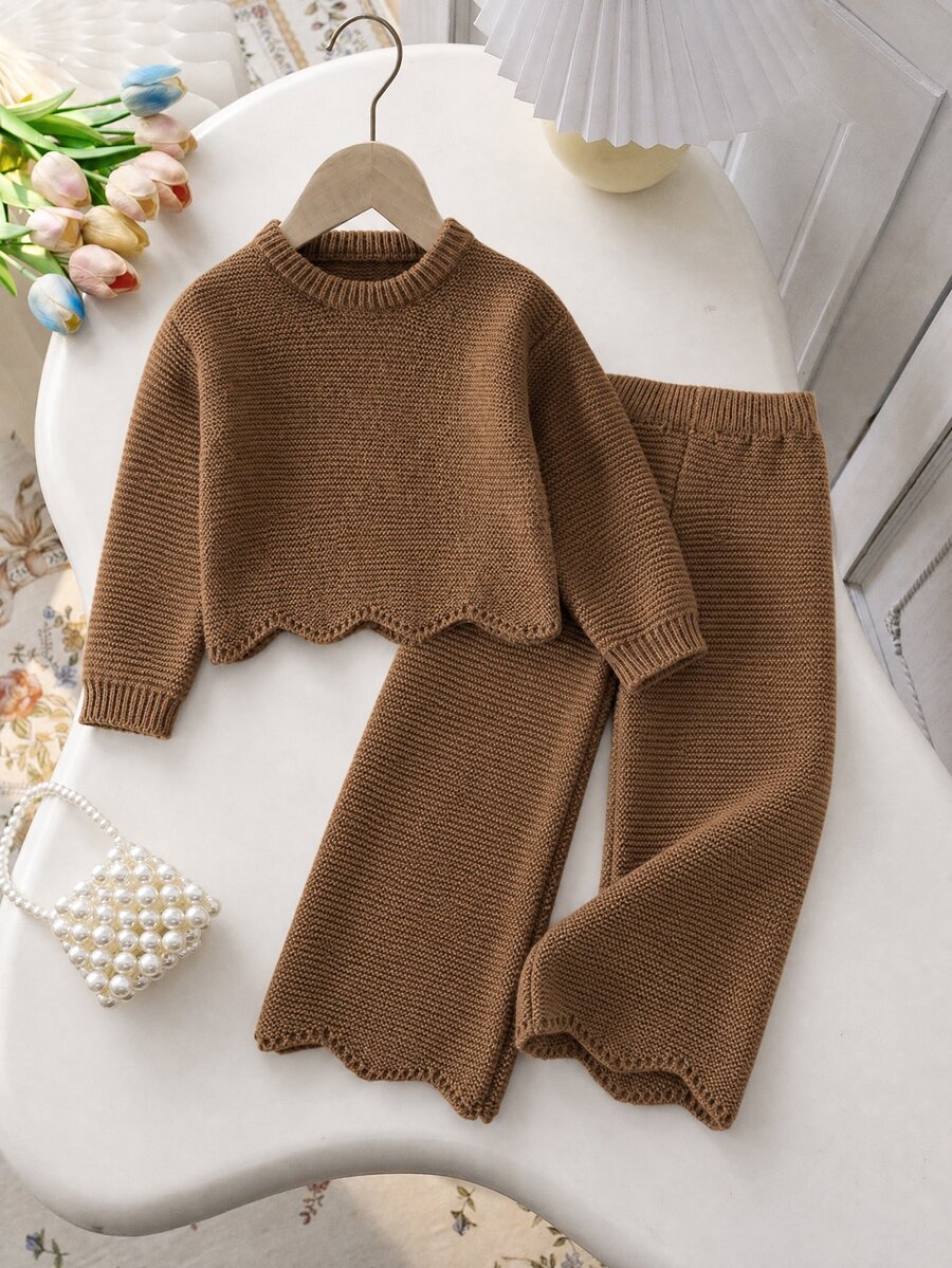 SHEIN Teenage Girls Autumn Outfit, Fashion Casual Slouchy Sweater Set, Solid Color Loose Hem Split Sweater And Wide Leg Pants 2 Pieces Set Pullover