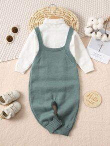 SHEIN 新生男婴/女婴幼儿秋冬服装：绿色针织连体衣、工装裤、毛衣，舒适、百搭、时尚、可爱、复古、经典、简约设计基础款，适合室内、户外、滑雪、日常穿着、运动、玩耍、派对、拍照、度假 - 綠色 - 查看 2