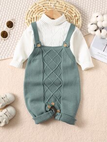 SHEIN 新生男婴/女婴幼儿秋冬服装：绿色针织连体衣、工装裤、毛衣，舒适、百搭、时尚、可爱、复古、经典、简约设计基础款，适合室内、户外、滑雪、日常穿着、运动、玩耍、派对、拍照、度假 - 綠色 - 查看 3