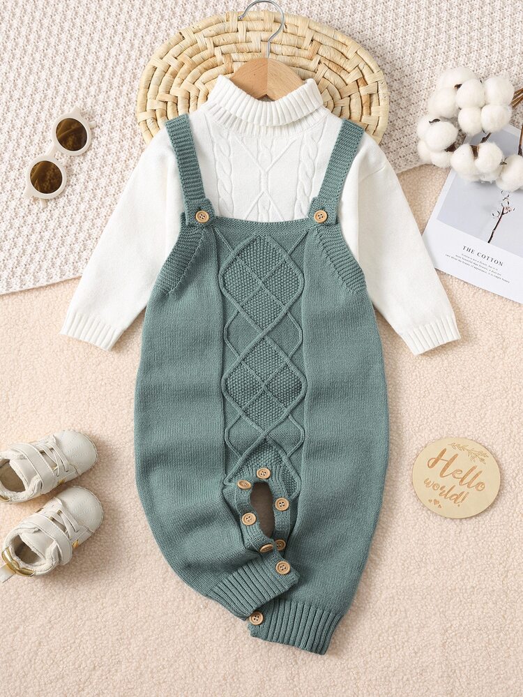 SHEIN Newborn Baby Boy/Girl Sage Green Knitted Romper,Autumn Cute Matching Family Toddler Fall/Winter Clothes Outfit,Classic Retro Knit Overalls Layette Set - Green - View 4
