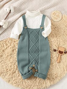 SHEIN 新生男婴/女婴幼儿秋冬服装：绿色针织连体衣、工装裤、毛衣，舒适、百搭、时尚、可爱、复古、经典、简约设计基础款，适合室内、户外、滑雪、日常穿着、运动、玩耍、派对、拍照、度假 - 綠色 - 查看 7