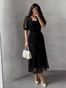 Modelyn Set 2 Potongan Gaun A-Line Elegan Romantis Berbahan Rajut Cokelat dengan Motif Jala Berlian untuk Wanita dan Motif Patchwork Jala Berlian Bertekstur untuk Wanita. - Hitam - View 8