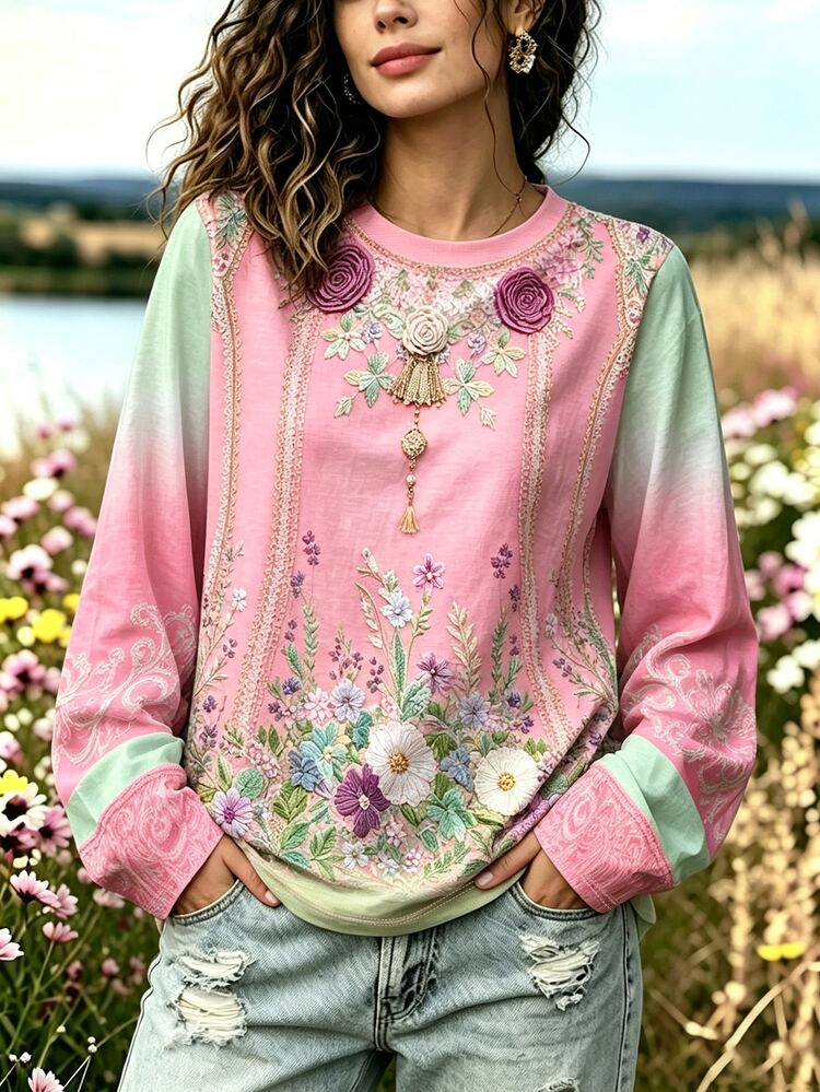 Breezaya Plus Size Women Casual Vintage Patchwork Plaid Ditsy Floral Round Neck Long Sleeve T-Shirt, Ladies Top, Suitable For Daily Wear - Multicolor - View 3