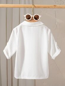 SHEIN Casuvi Kids 年轻男孩休闲纯色纹理短袖 Polo 衫 - 白色 - 查看 3