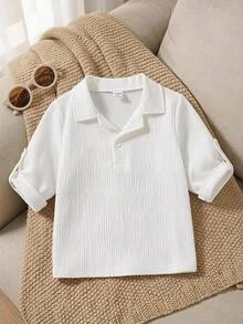 SHEIN Casuvi Kids 年轻男孩休闲纯色纹理短袖 Polo 衫 - 白色 - 查看 2