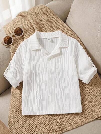 SHEIN Casuvi Kids 年轻男孩休闲纯色纹理短袖 Polo 衫