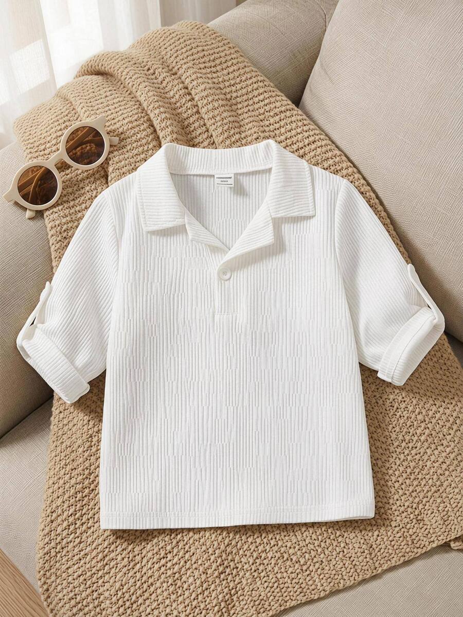 SHEIN Casuvi Kids 年轻男孩休闲纯色纹理短袖 Polo 衫