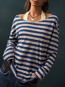 Bohemela Women's Striped Casual Versatile Daily Wear Long Sleeve Sweatshirt - Dusty Pink - View 4
