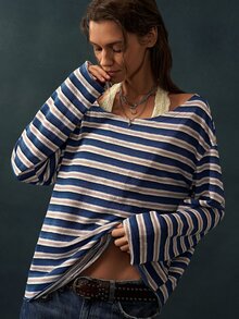 Bohemela Women's Striped Casual Versatile Daily Wear Long Sleeve Sweatshirt - Dusty Pink - View 2