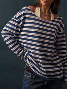 Bohemela Women's Striped Casual Versatile Daily Wear Long Sleeve Sweatshirt - Dusty Pink - View 7